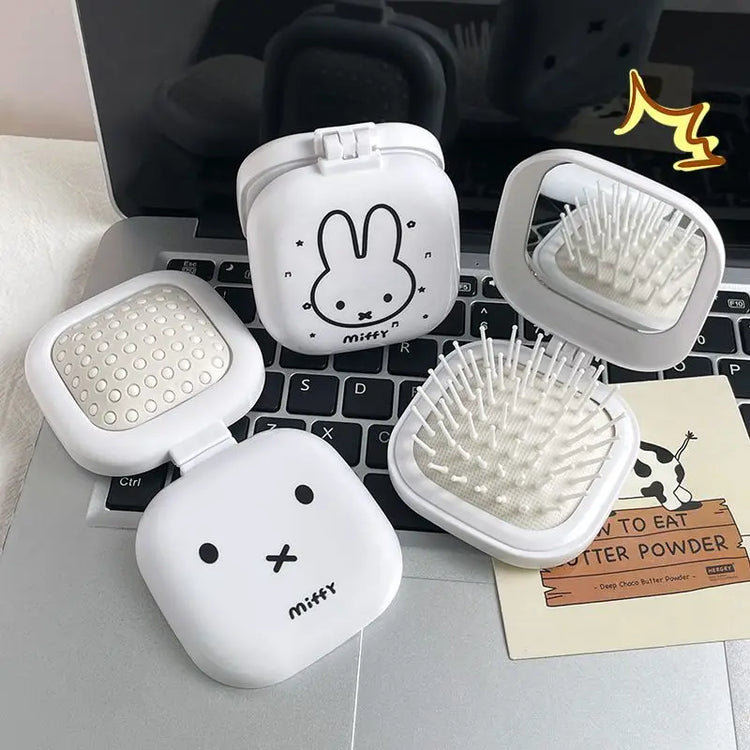 Cute Miffy Rabbit Folding Airbag Comb with Mirror 2-in-1 Student Cartoon Mini Compact Portable Air Cushion Comb