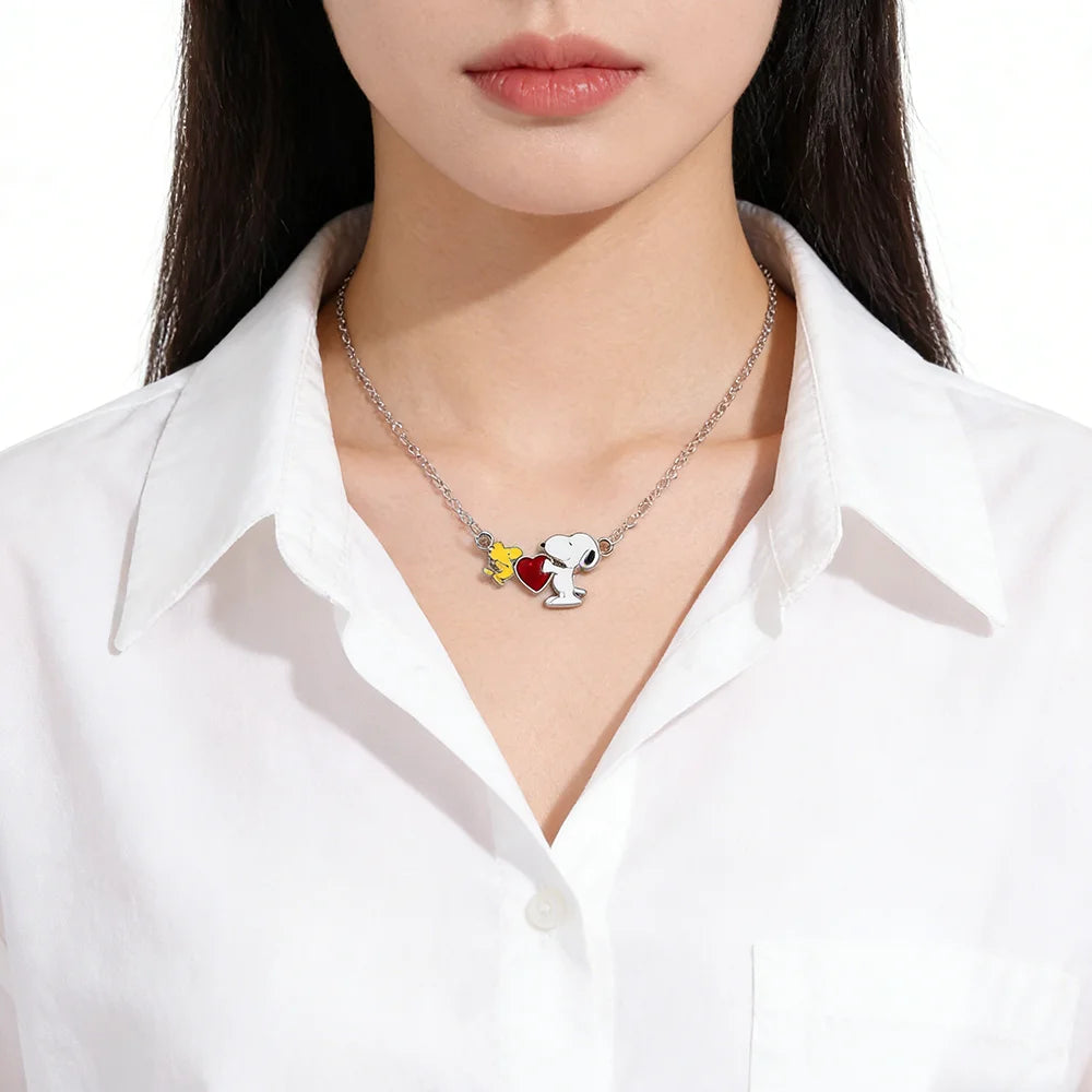 Snoopy Necklace Silver-Tone Moon & Heart Pendants with Woodstock, Cute Enamel & Rhinestone Friendship Necklaces for Best Friends
