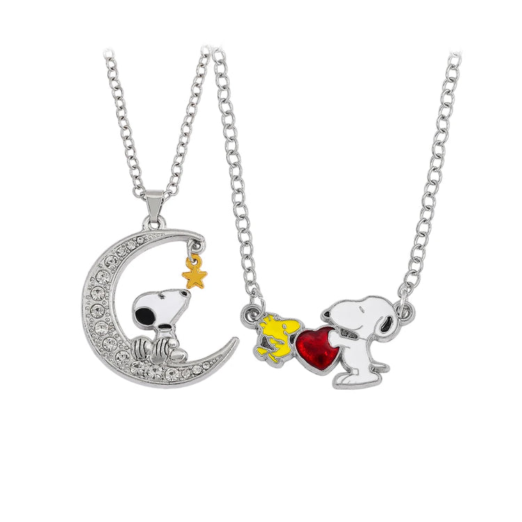 Snoopy Necklace Silver-Tone Moon & Heart Pendants with Woodstock, Cute Enamel & Rhinestone Friendship Necklaces for Best Friends