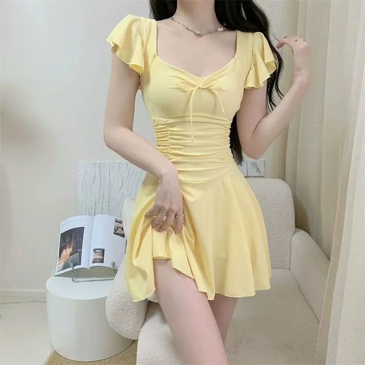 2026 New Women Skirted Swimdress Short Sleeve Tummy Control Swimsuit With Padding Slimming Hot Spring Bathing Suit