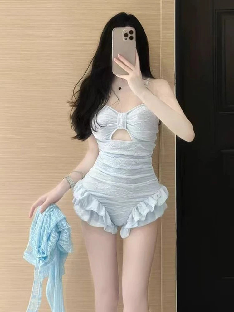 Modest Full Coverage Swimwear Female Lace Up Back Swimming Suit Cute Floral Print Rash Guard Sun Protection Pool Party Outfit