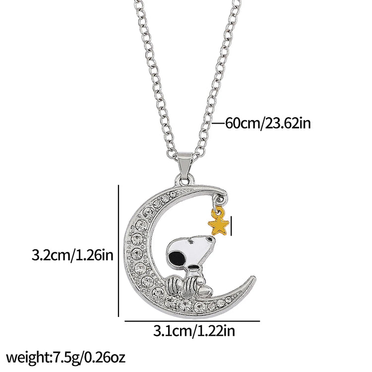 Snoopy Necklace Silver-Tone Moon & Heart Pendants with Woodstock, Cute Enamel & Rhinestone Friendship Necklaces for Best Friends