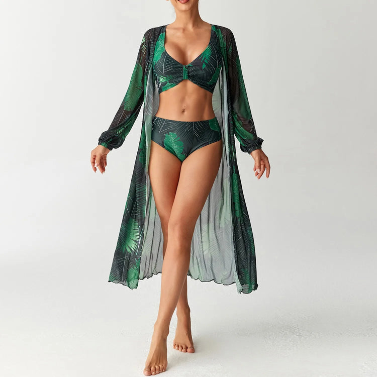 Women's 2026 Tankini Printed High Waist Long Sleeve Tankini Top Floral Print V Neck Swim Top Tropical Leaf Print Bikini Top