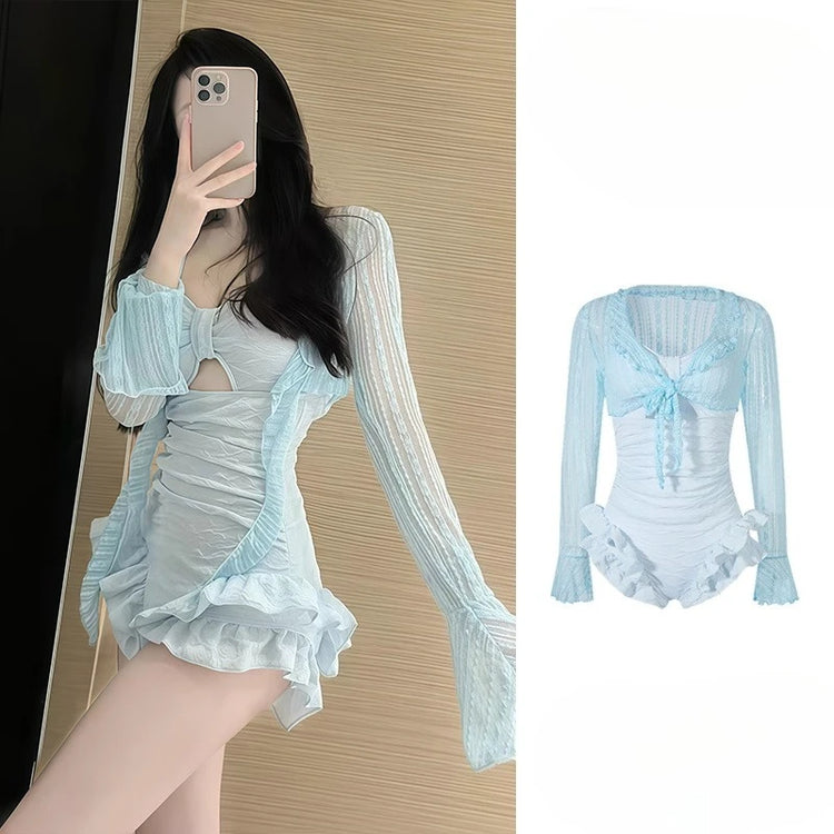 Modest Full Coverage Swimwear Female Lace Up Back Swimming Suit Cute Floral Print Rash Guard Sun Protection Pool Party Outfit