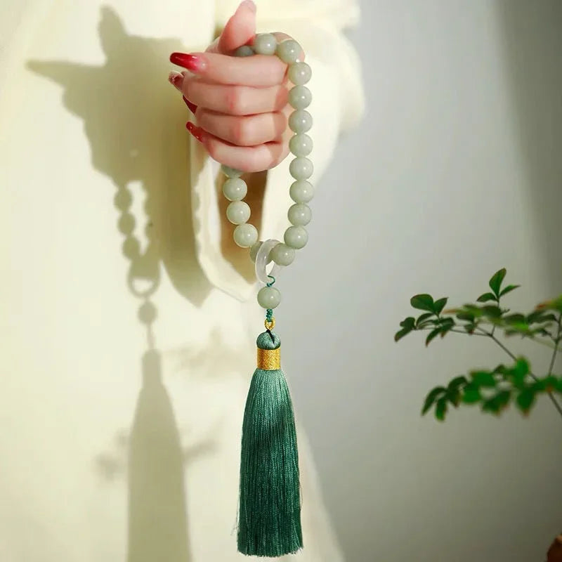 Green Jade Stone 12mm Beads Tassel Bracelet Necklace Tibetan Buddhist Mala Buddha Charm Rosary Yoga Men Woman Jewelry Customized