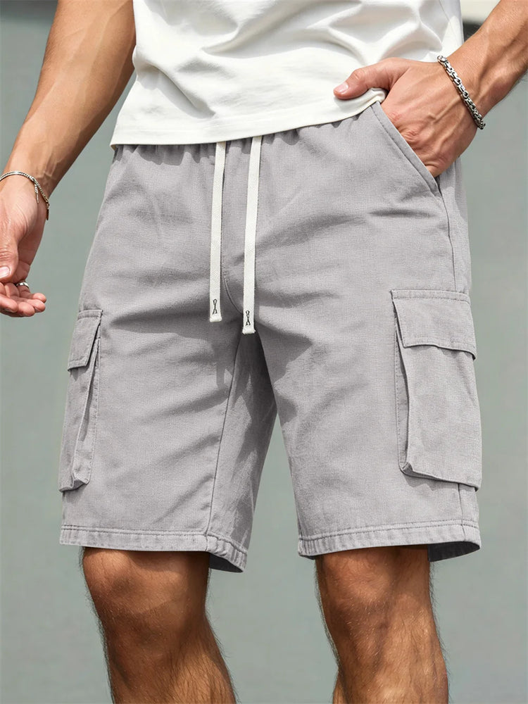 2026 Men's loose linen straight-leg pants, casual multi-pocket work shorts, high-end men's shorts, drawstring daily work shorts