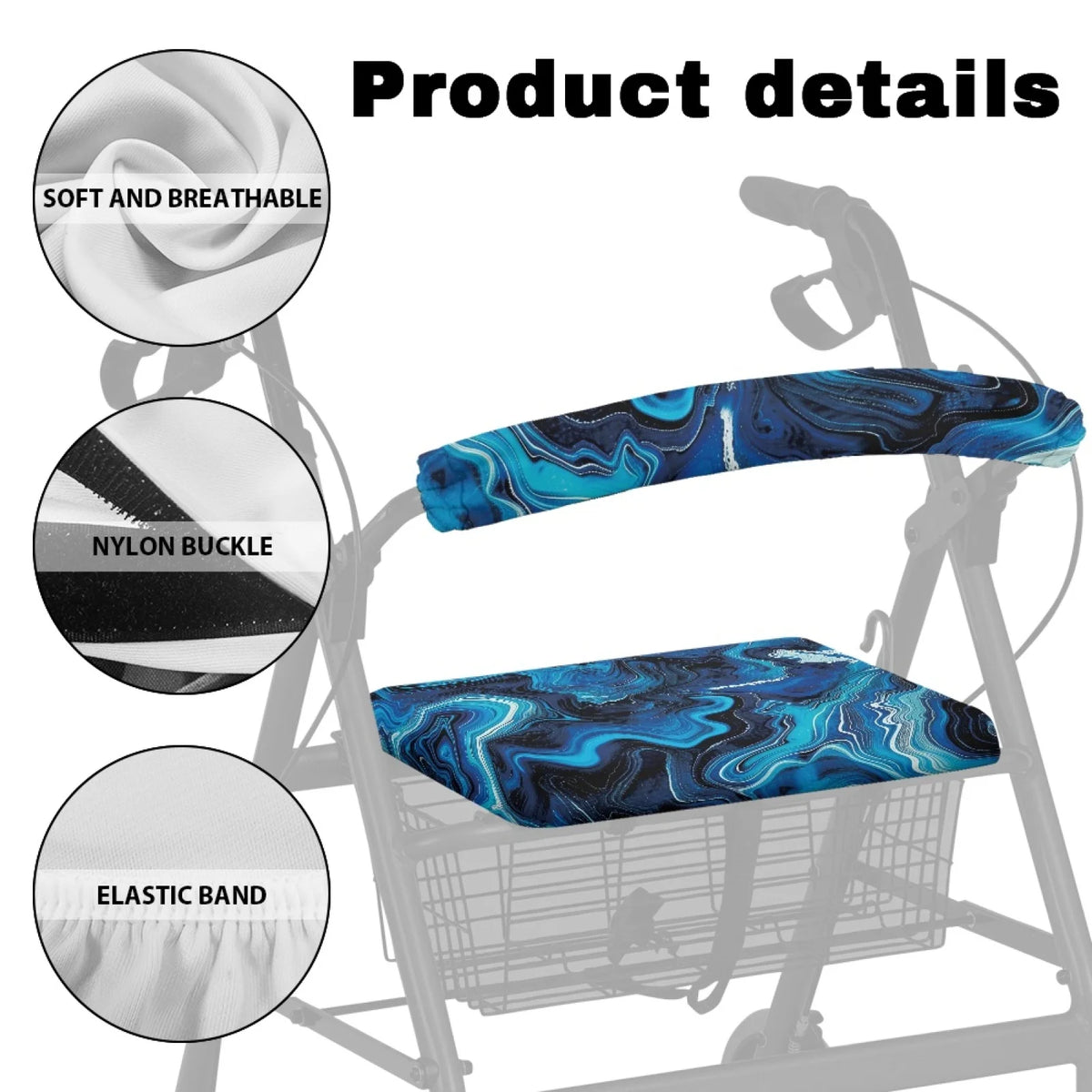 Coloranimal Blue Marbling 2 Pieces Set Walker Cover Abrasion-Resistant Walker Seat Cover for Elder