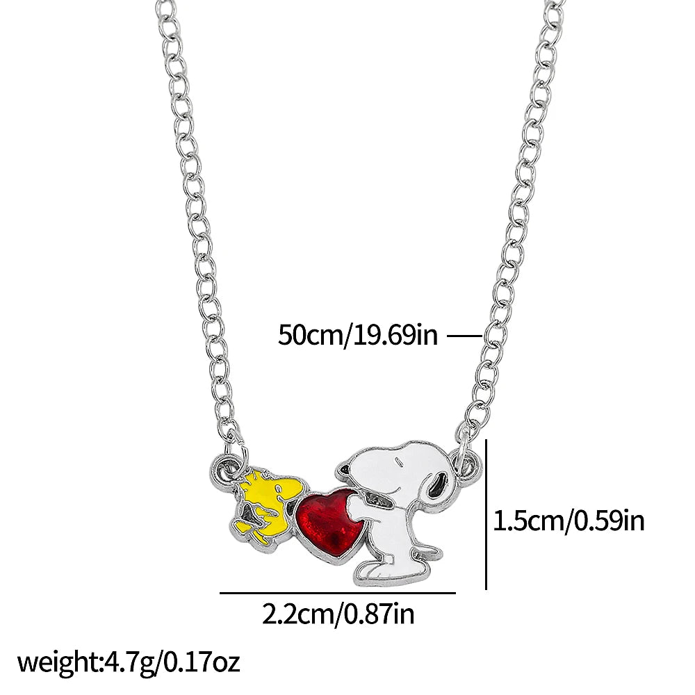 Snoopy Necklace Silver-Tone Moon & Heart Pendants with Woodstock, Cute Enamel & Rhinestone Friendship Necklaces for Best Friends
