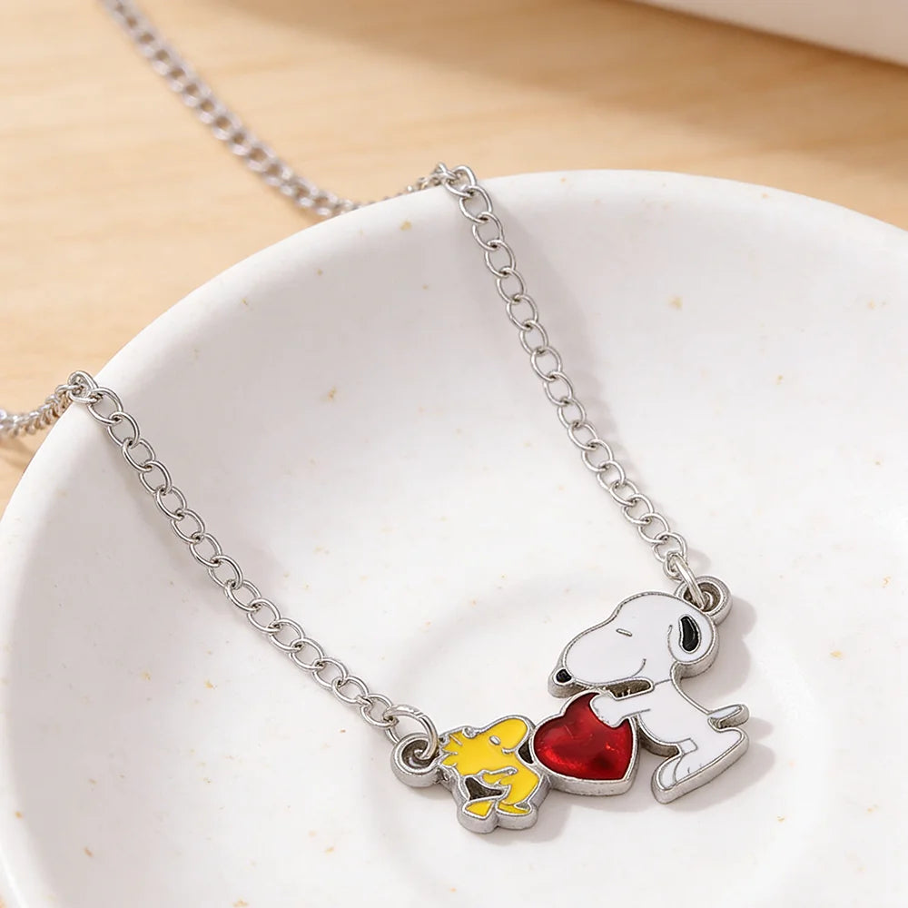 Snoopy Necklace Silver-Tone Moon & Heart Pendants with Woodstock, Cute Enamel & Rhinestone Friendship Necklaces for Best Friends