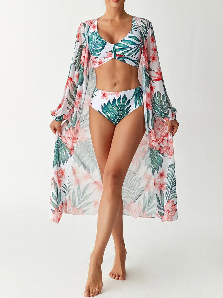Women's 2026 Tankini Printed High Waist Long Sleeve Tankini Top Floral Print V Neck Swim Top Tropical Leaf Print Bikini Top