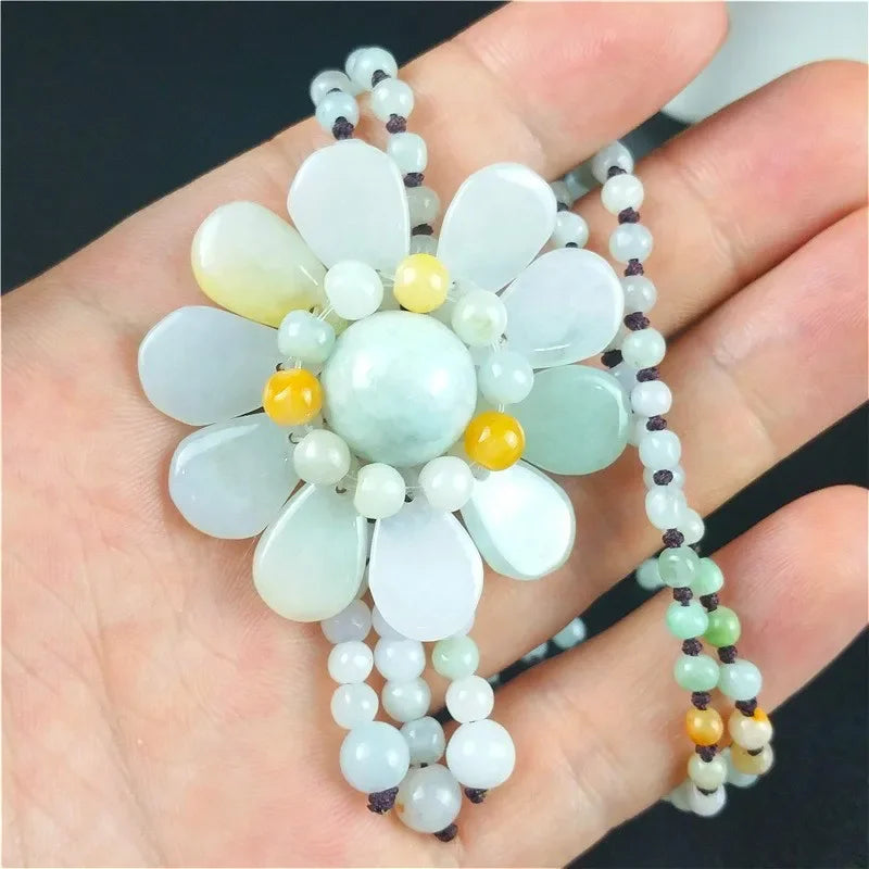 Certified Burmese Jade Sunflower Pendant Jadeite Emerald Beads Necklace Charm Jewellery Fashion Accessories Hand-Carved Amulet