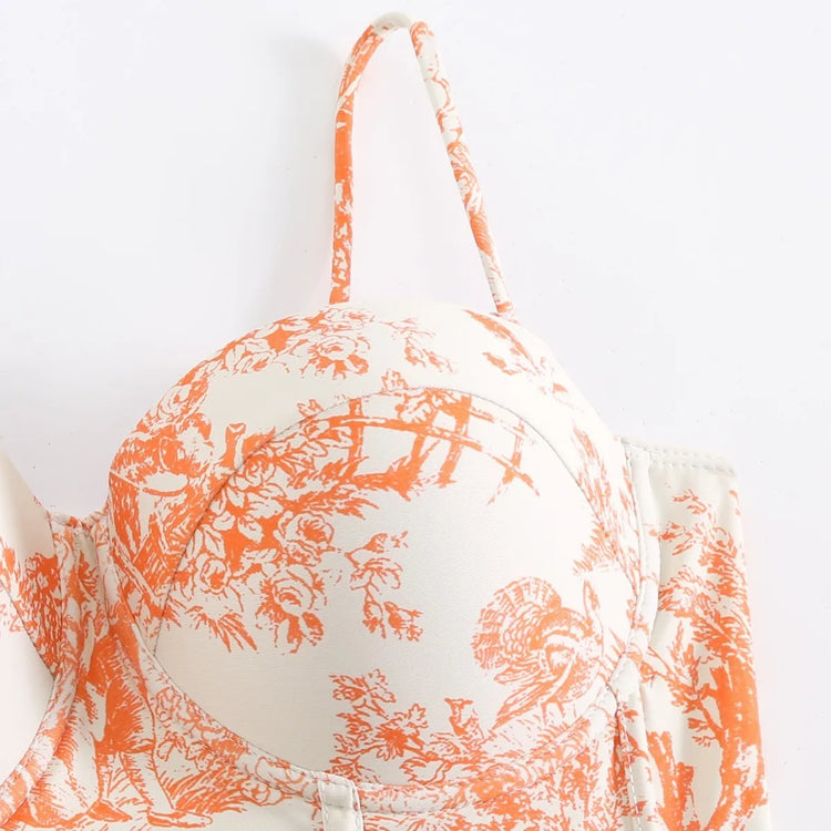 Woman Tankini Retro Tankini Sleeveless Swimwear Toile Print Corset Waist Swimsuit Thin Strap Midi Length Sarong Bathing Suit