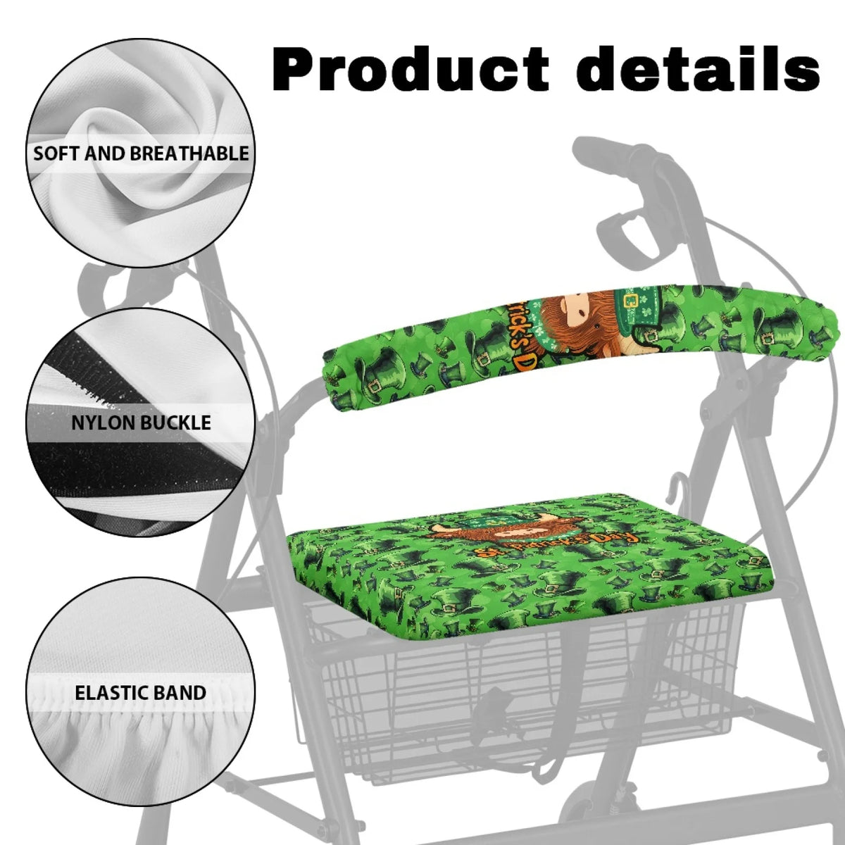 Coloranimal St patrick's day 2PCS Rollator Seat Cover Set Polyester Fabric Walker Seat Cushion for Women Friends