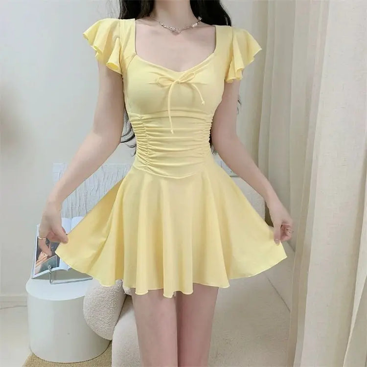 2026 New Women Skirted Swimdress Short Sleeve Tummy Control Swimsuit With Padding Slimming Hot Spring Bathing Suit