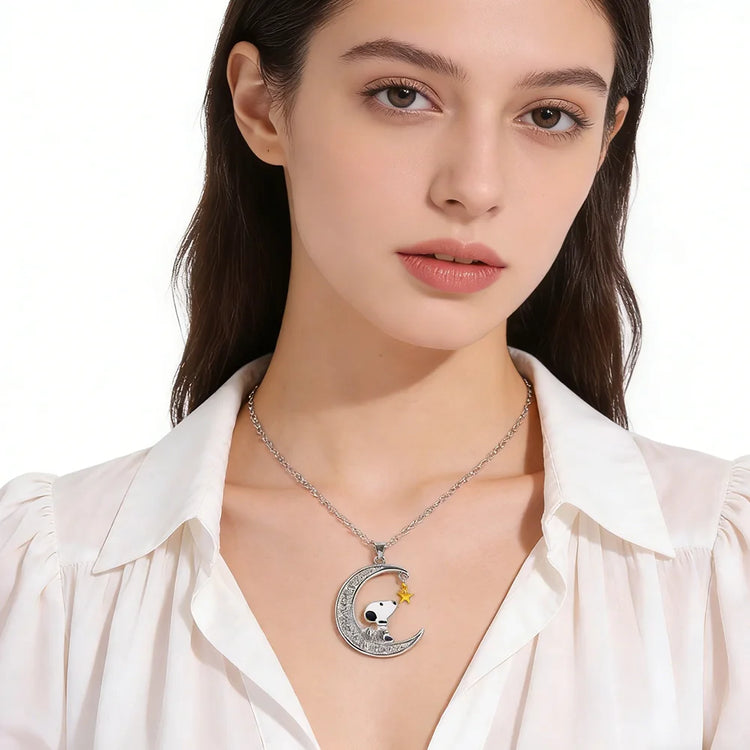 Snoopy Necklace Silver-Tone Moon & Heart Pendants with Woodstock, Cute Enamel & Rhinestone Friendship Necklaces for Best Friends