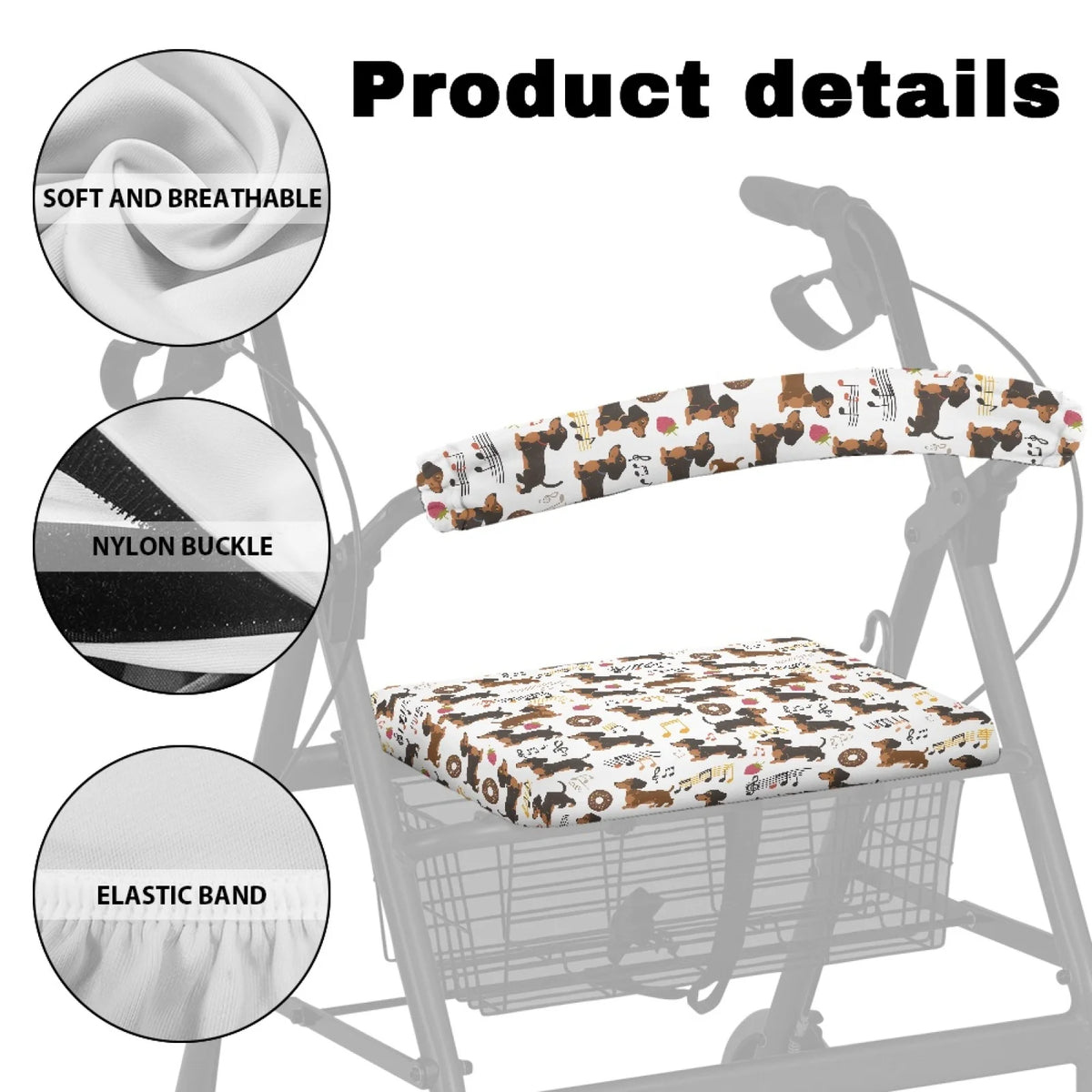 Coloranimal Dachshund Music 2 Pcs Rollator Seat Back Cover Polyester Walker Seat Cover for Seniors Adult