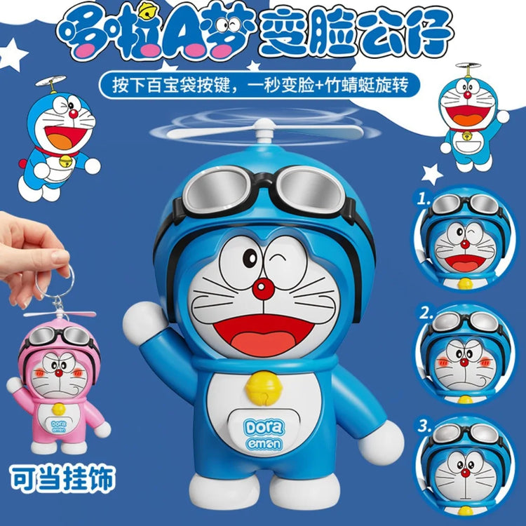 Anime Doraemonsas Pressing Face Change Keyring Rotating Bamboo Dragonfly Doll Dingdang Cat Ornament Keychain Birthday Gifts