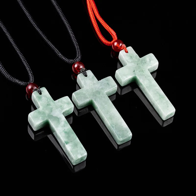 Myanmar Jadeite Cross Pendant Necklace Burmese Jade Stone Carved Amulet Fashion Accessories Charm Gifts for Women
