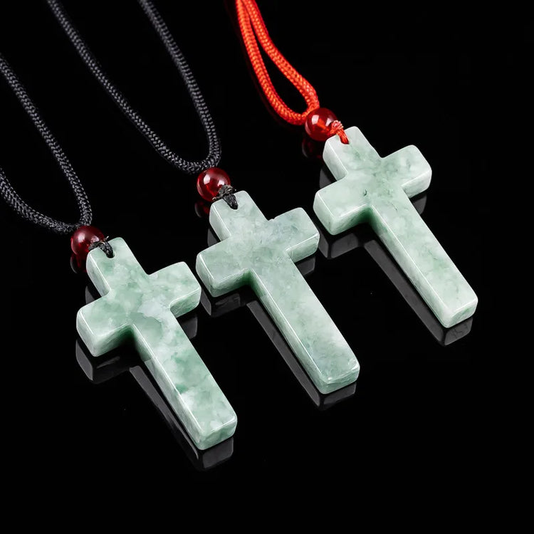 Myanmar Jadeite Cross Pendant Necklace Burmese Jade Stone Carved Amulet Fashion Accessories Charm Gifts for Women