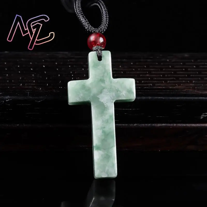 Myanmar Jadeite Cross Pendant Necklace Burmese Jade Stone Carved Amulet Fashion Accessories Charm Gifts for Women