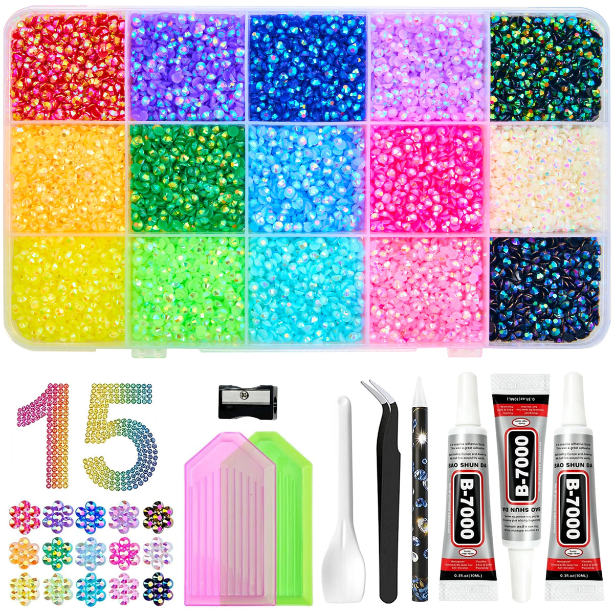 Multicolor Resin Jelly Rhinestones Kit for Bedazzling Flatback Gems with B7000 Jewelry Glue for Diamond Painting Art,DIY Crafts