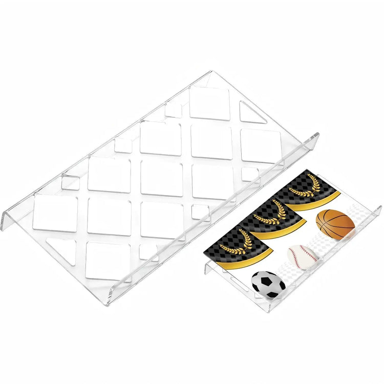 Modular acrylic display unit for trading cards featuring interchangeable grid hollow honeycomb solid spherical semicircular clou