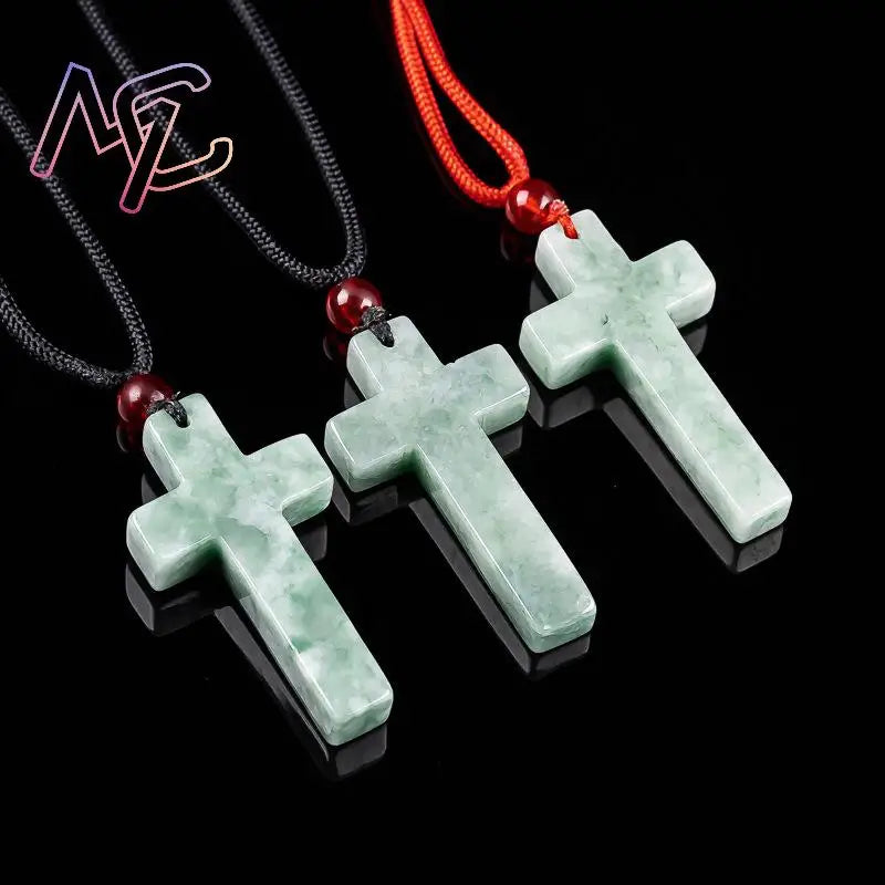 Myanmar Jadeite Cross Pendant Necklace Burmese Jade Stone Carved Amulet Fashion Accessories Charm Gifts for Women