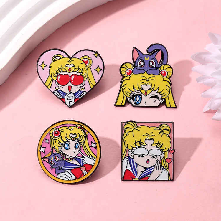 4 Pcs Sailor Moon Heart Shape Enamel Pins Cartoon Brooch Creativity Metal Badges for Backpack Clothing Jewelry Holiday Gift