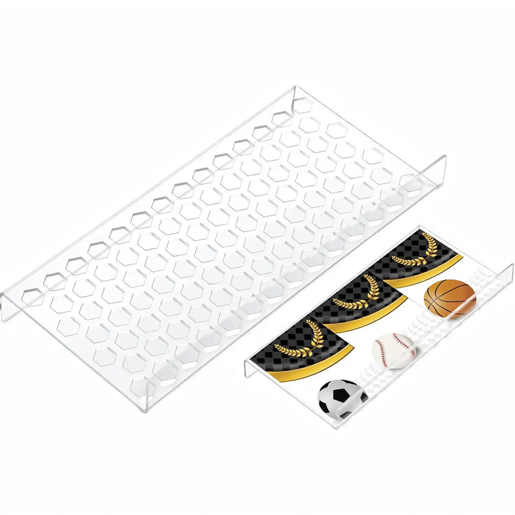 Modular acrylic display unit for trading cards featuring interchangeable grid hollow honeycomb solid spherical semicircular clou