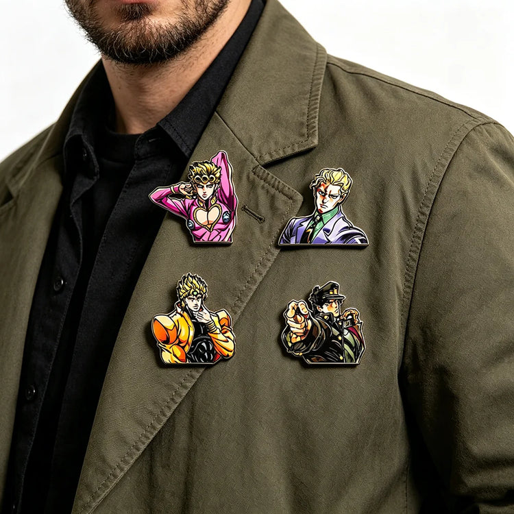 4pcs Japanese Manga Enamel Pin Set Cool Kira Dio Jotaro Lapel Badges for Backpack Clothing Accessories Fashionable Jewelry Gift