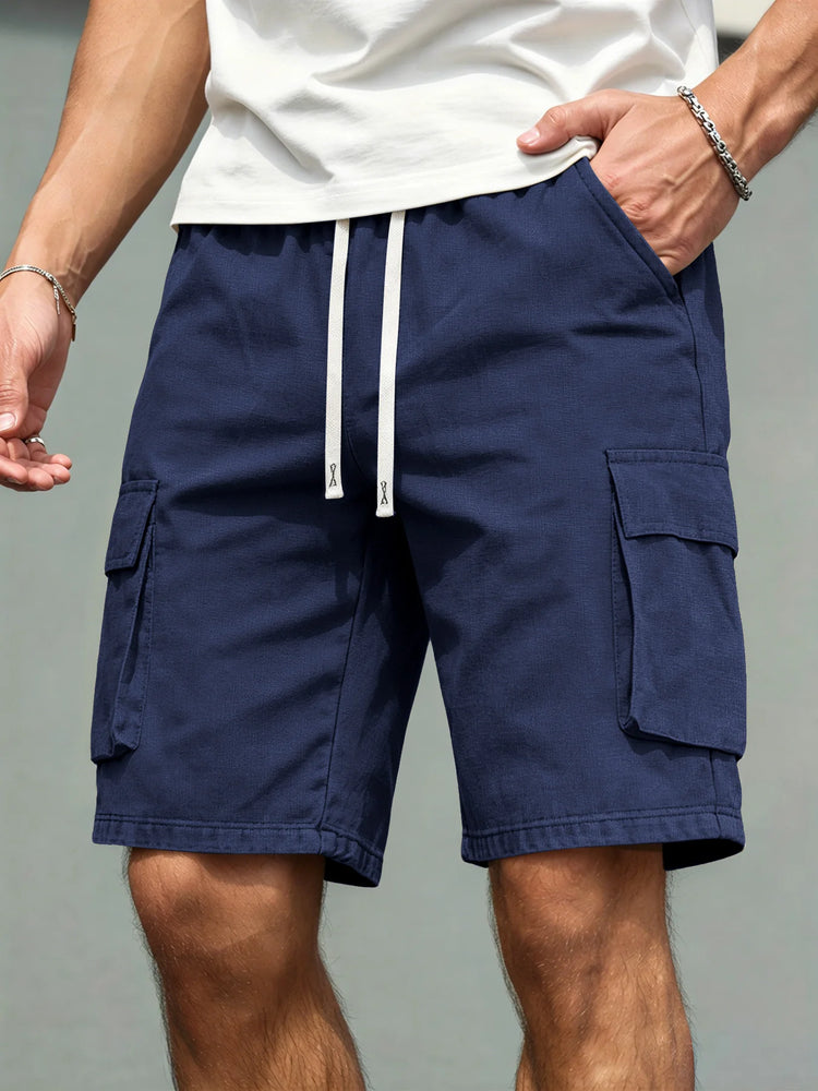 2026 Men's loose linen straight-leg pants, casual multi-pocket work shorts, high-end men's shorts, drawstring daily work shorts
