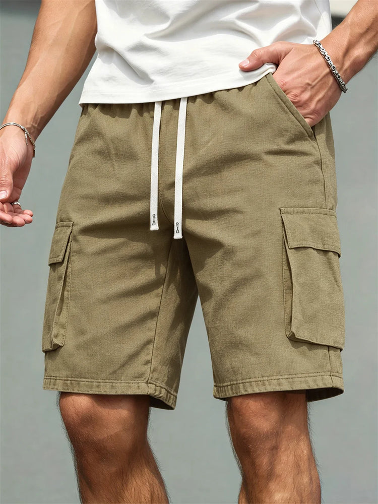 2026 Men's loose linen straight-leg pants, casual multi-pocket work shorts, high-end men's shorts, drawstring daily work shorts