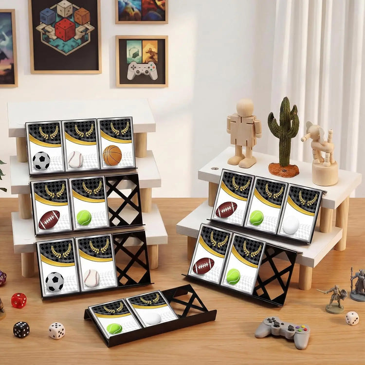 Modular acrylic display unit for trading cards featuring interchangeable grid hollow honeycomb solid spherical semicircular clou