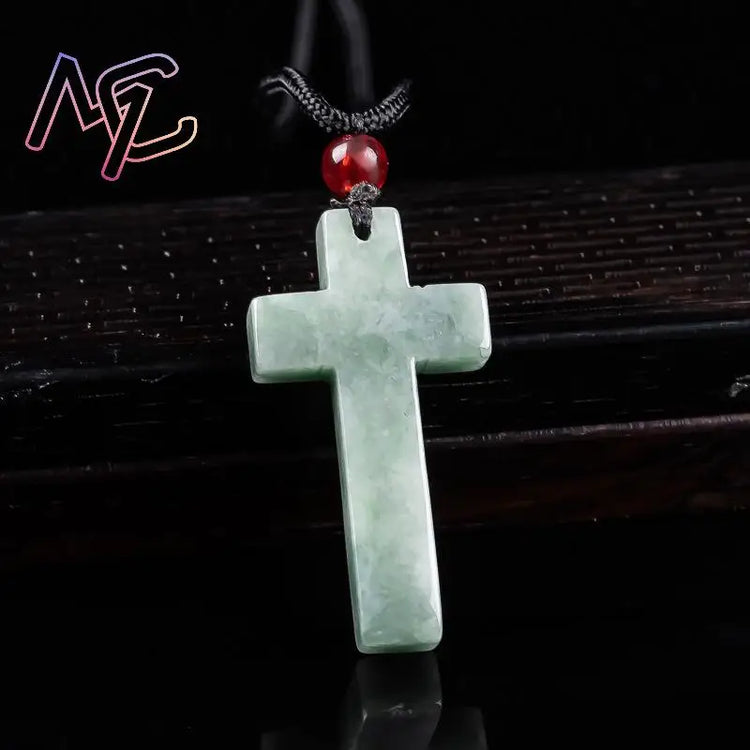 Myanmar Jadeite Cross Pendant Necklace Burmese Jade Stone Carved Amulet Fashion Accessories Charm Gifts for Women