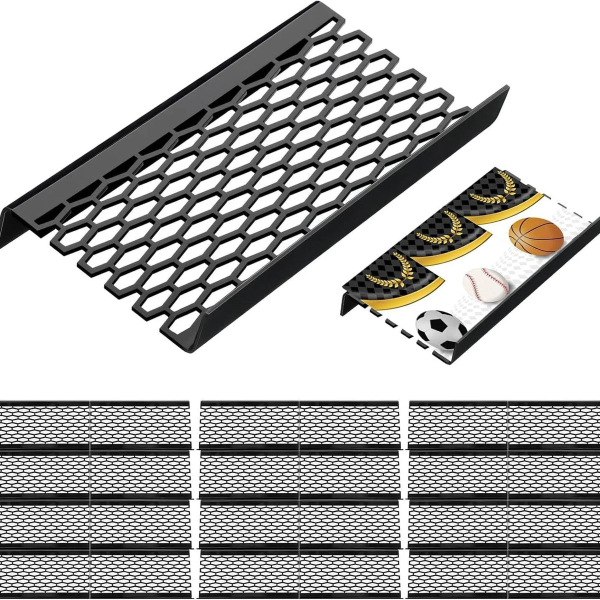 Modular acrylic display unit for trading cards featuring interchangeable grid hollow honeycomb solid spherical semicircular clou